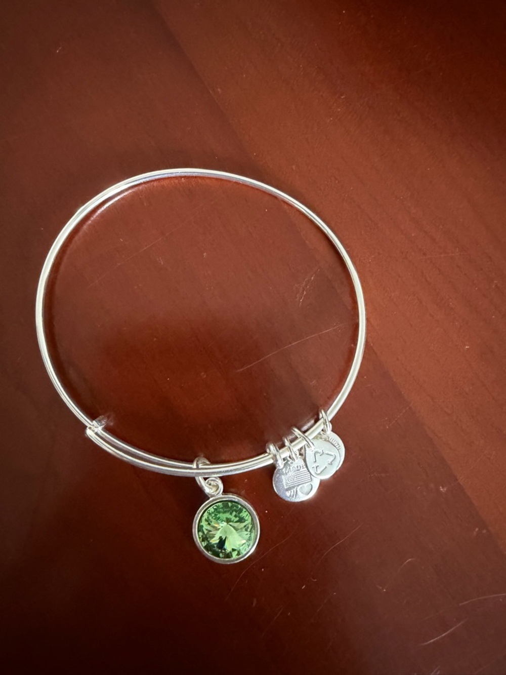 Alex and Ani Silver Bangle Bracelet with Green Crystal Charm